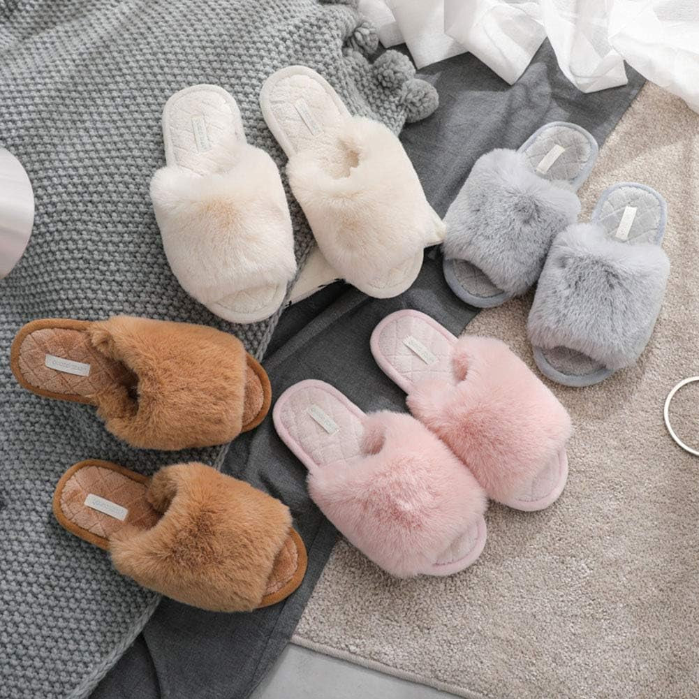 Women'S Fuzzy Fur Flat Slippers Soft Open Toe House Slippers Memory Foam Sandals Slides Home Slippers for Girls Men Indoor Outdoor