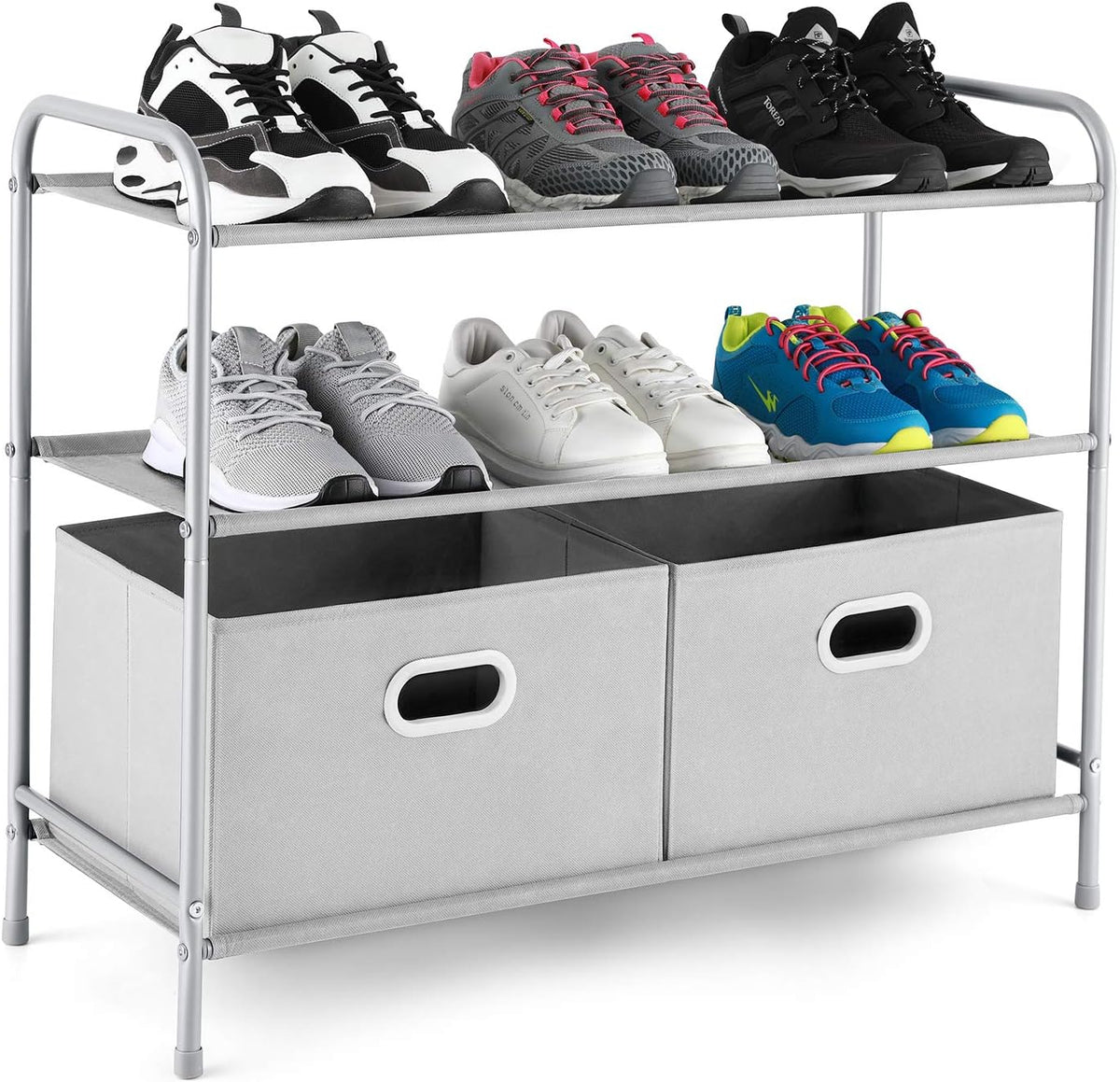 3 Tiers Closet Shelf Organizer with 2 Drawers for Home Storage and Organization, Silver Grey